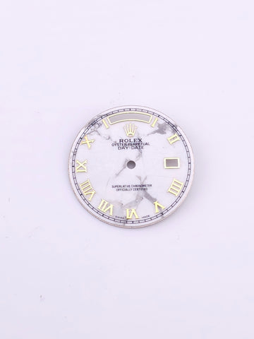 Custom 36mm White Marble Day-Date Dial With Yellow Gold Roman Markers *In Stock*