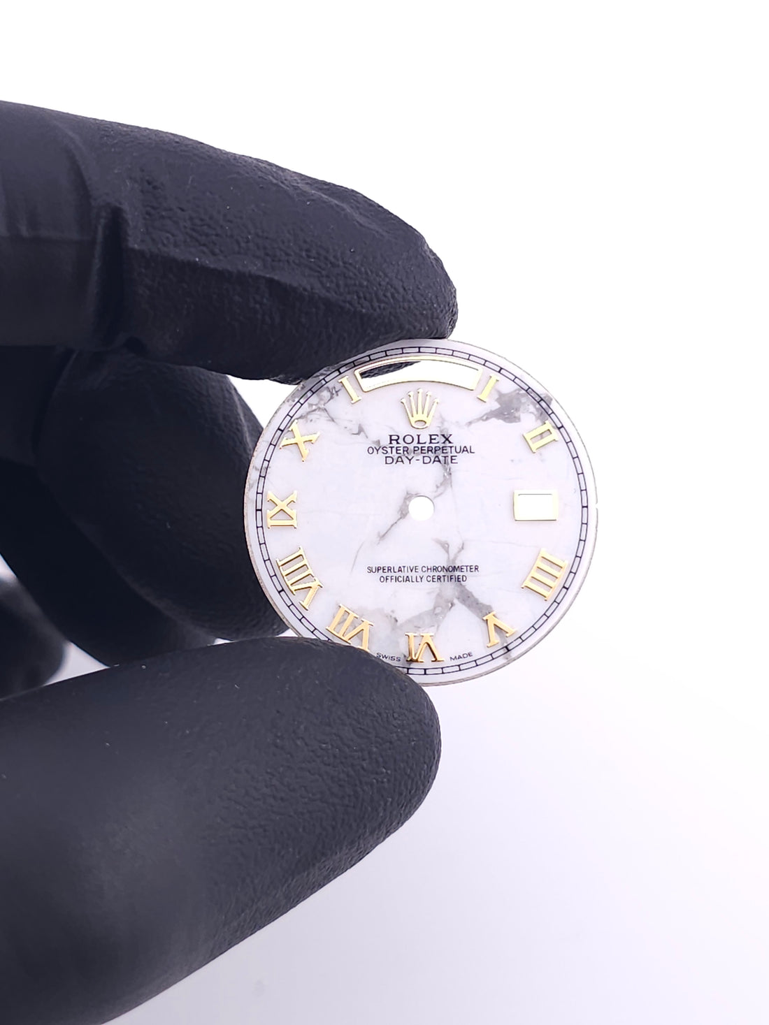 Custom 36mm White Marble Day-Date Dial With Yellow Gold Roman Markers  *In Stock*