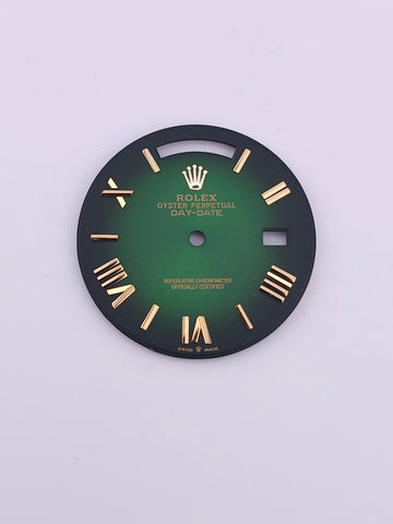 Custom 40mm Ombre Green Day-Date Dial With Yellow Gold Roman And Stick Markers *In Stock*