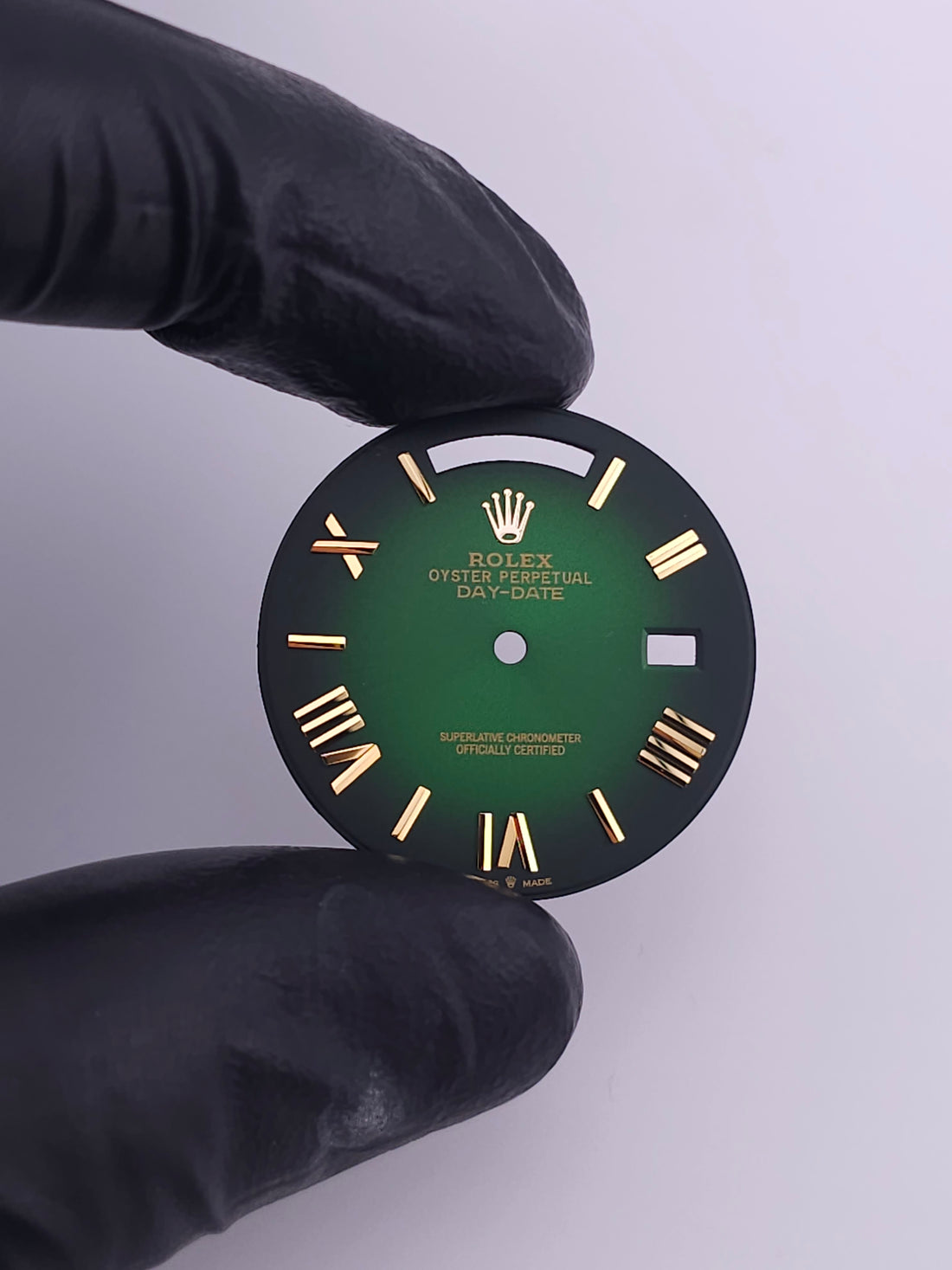 Custom 40mm Ombre Green Day-Date Dial With Yellow Gold Roman And Stick Markers *In Stock*