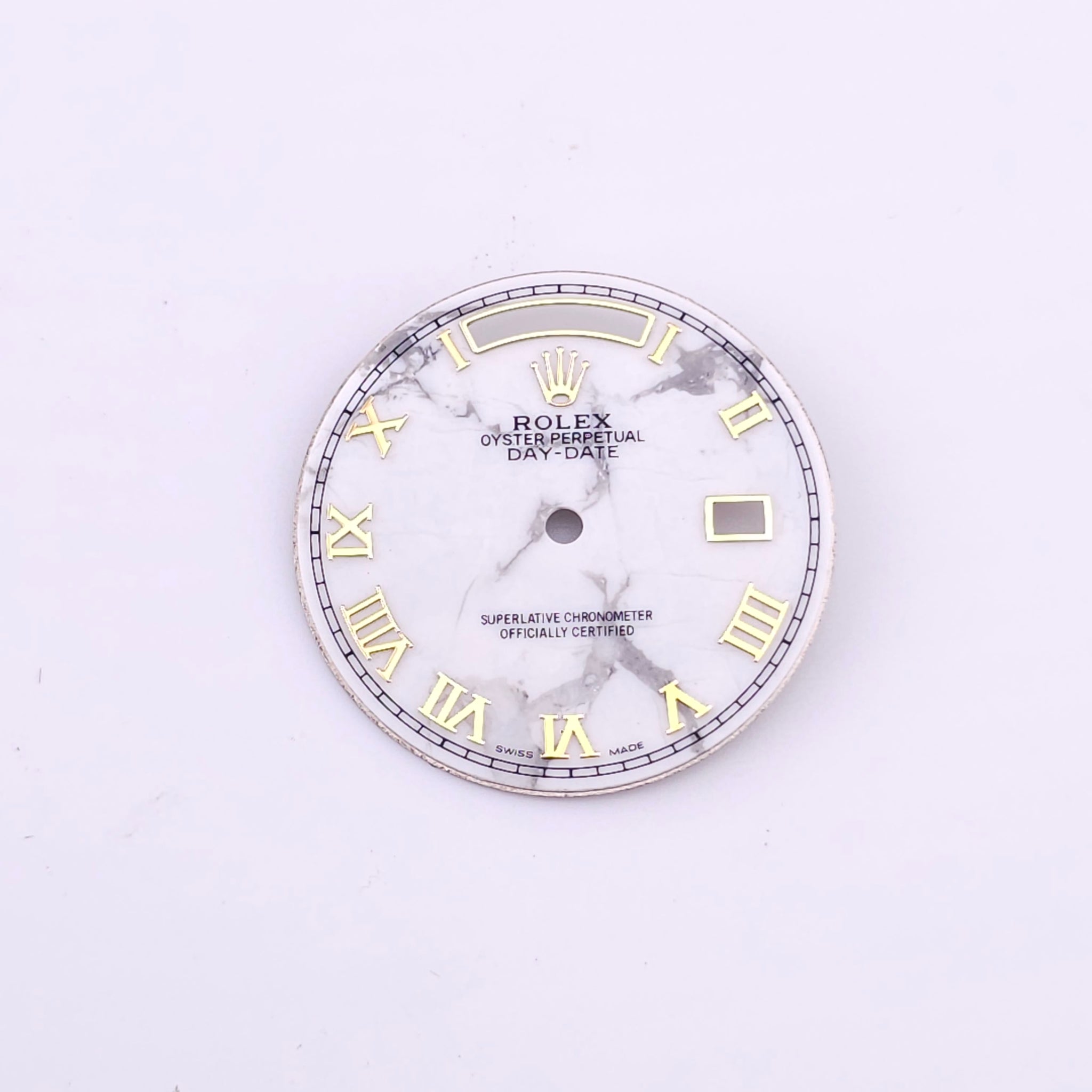 Custom 36mm White Marble Day-Date Dial With Yellow Gold Roman Markers  *In Stock*