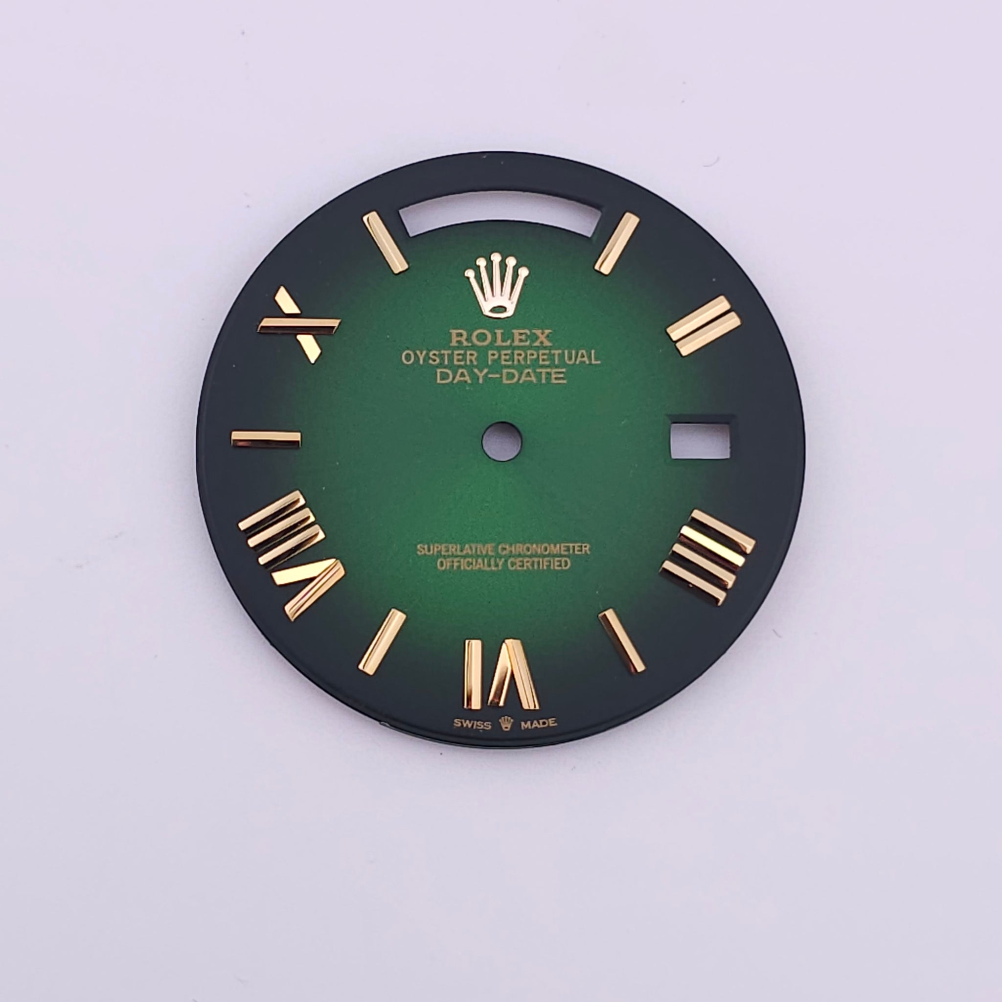 Custom 40mm Ombre Green Day-Date Dial With Yellow Gold Roman And Stick Markers *In Stock*